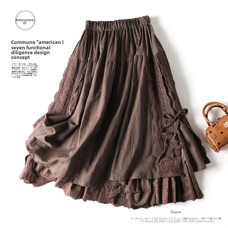 Sweet Sle Linen Skirt with Belt And Elastic Waist Heavy Embroidery Japanese Brand Women's Fashion Commute High Waist Long A...