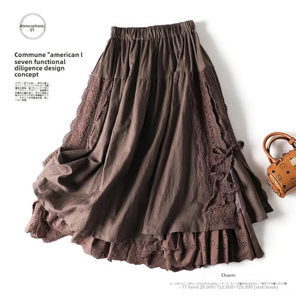 Sweet Sle Linen Skirt with Belt And Elastic Waist Heavy Embroidery Japanese Brand Women's Fashion Commute High Waist Long A...