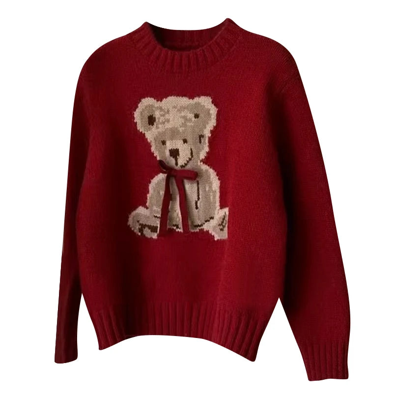 Christmas Sweet Style Knitting Long Sleeve Casual Pullovers 2025 Winter Women Lovely Jumpers Bow Round Neck Ladies Red Sweater