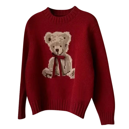 Christmas Sweet Style Knitting Long Sleeve Casual Pullovers 2025 Winter Women Lovely Jumpers Bow Round Neck Ladies Red Sweater