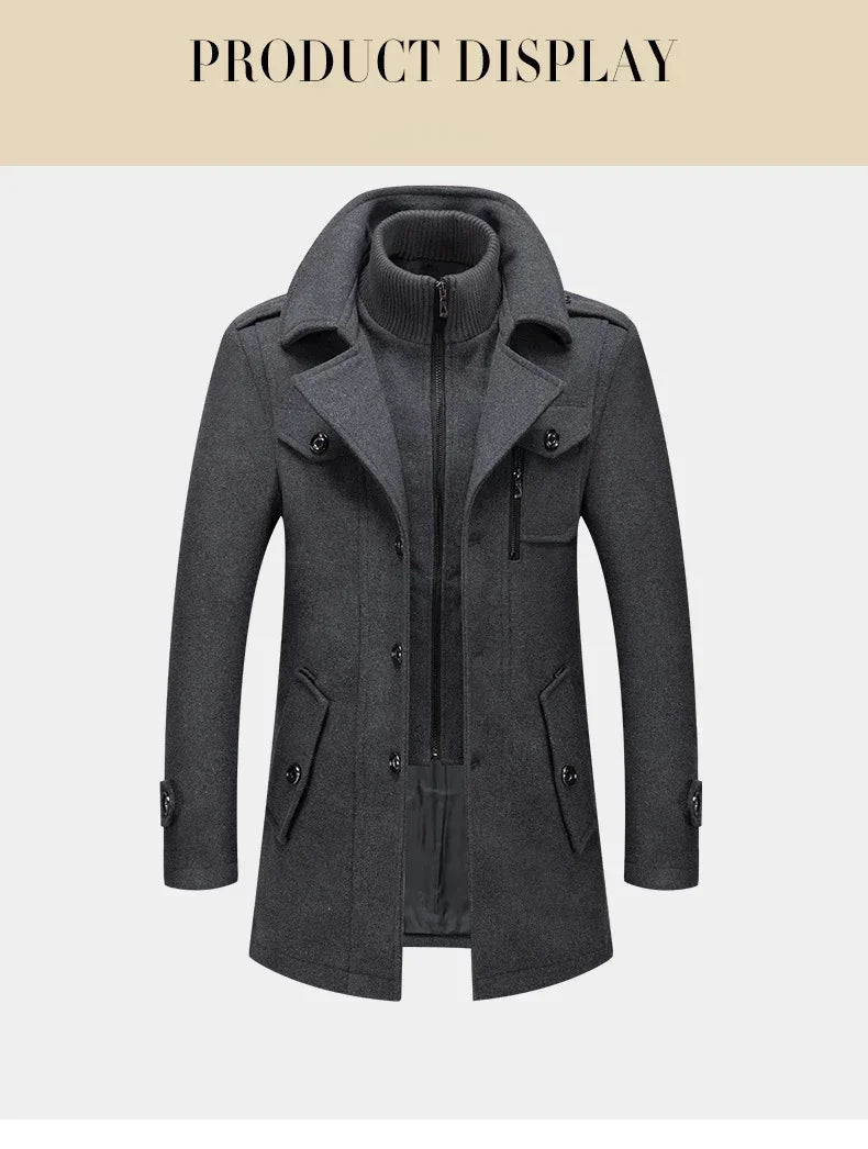 Men Fashion Autumn Winter Wool Trench Coats Fashion Middle Long Jacket Male Double Collar Zipper Coat Windbreak Woolen Overcoat