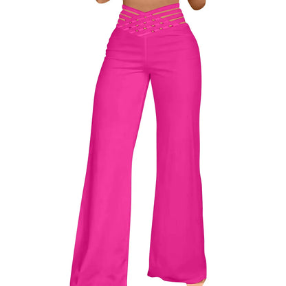 Summer Wide Leg Hollow Wide Waistband Long Pants Women High Waist Solid Color Wide Leg Flared Trousers Yoga Sport Gym Pants
