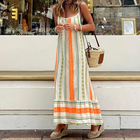 Striped Spaghetti Strape Dress Summer Casual Ladies Long Simple Backless Beach Sleeveless Party Dresses