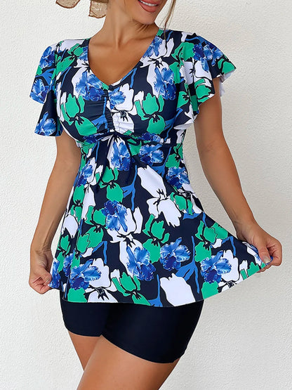 2025 Printed Tankini Set Two Piece Swimsuit Women Tie Front Drawstring Swimwear Female Bathing Swimming Suit Beachwear Summer