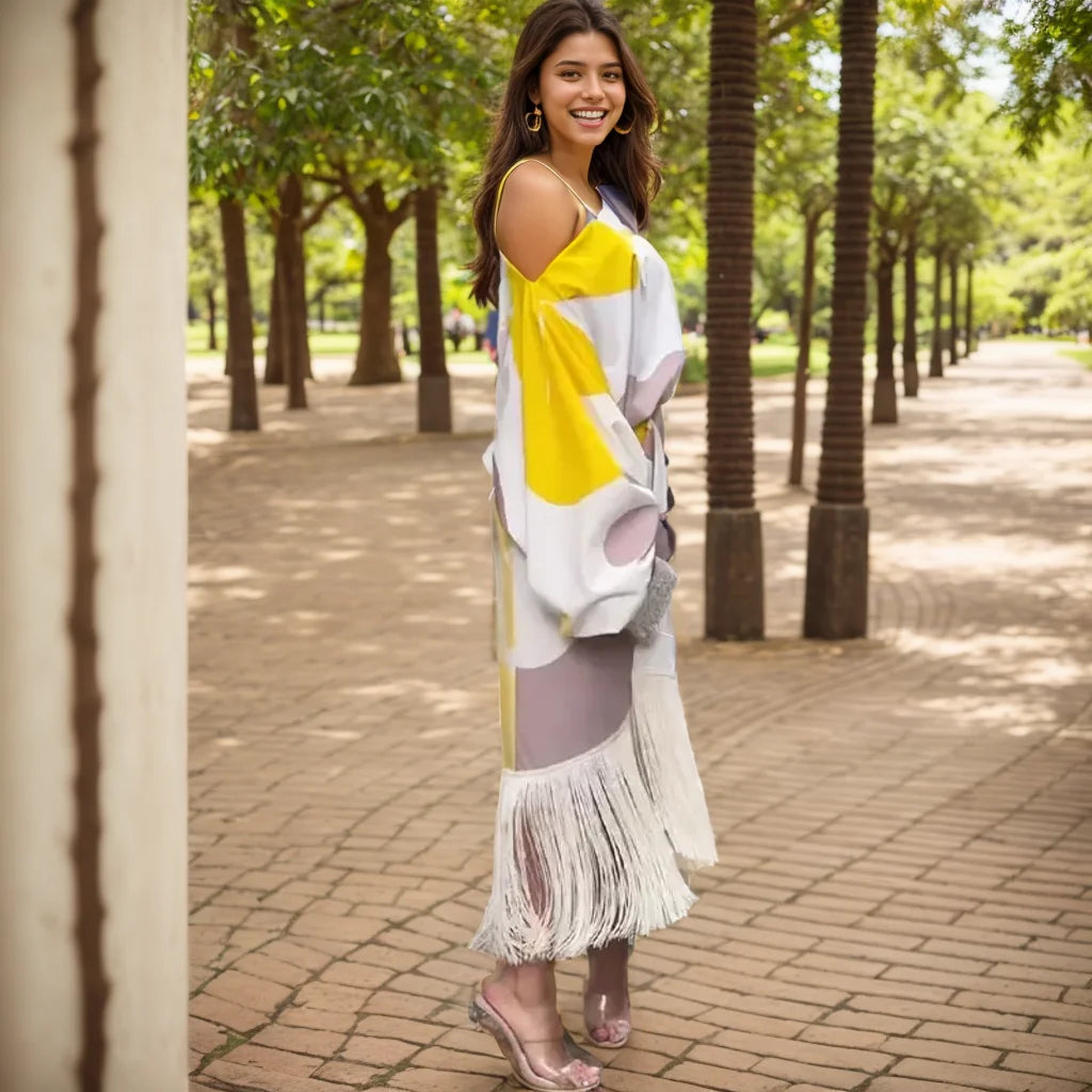 Spring Printing Dress Suits for Women Fashion Sexy One Shoulder Lantern Sleeve Top and Tassels Skirts Female Two Piece Sets