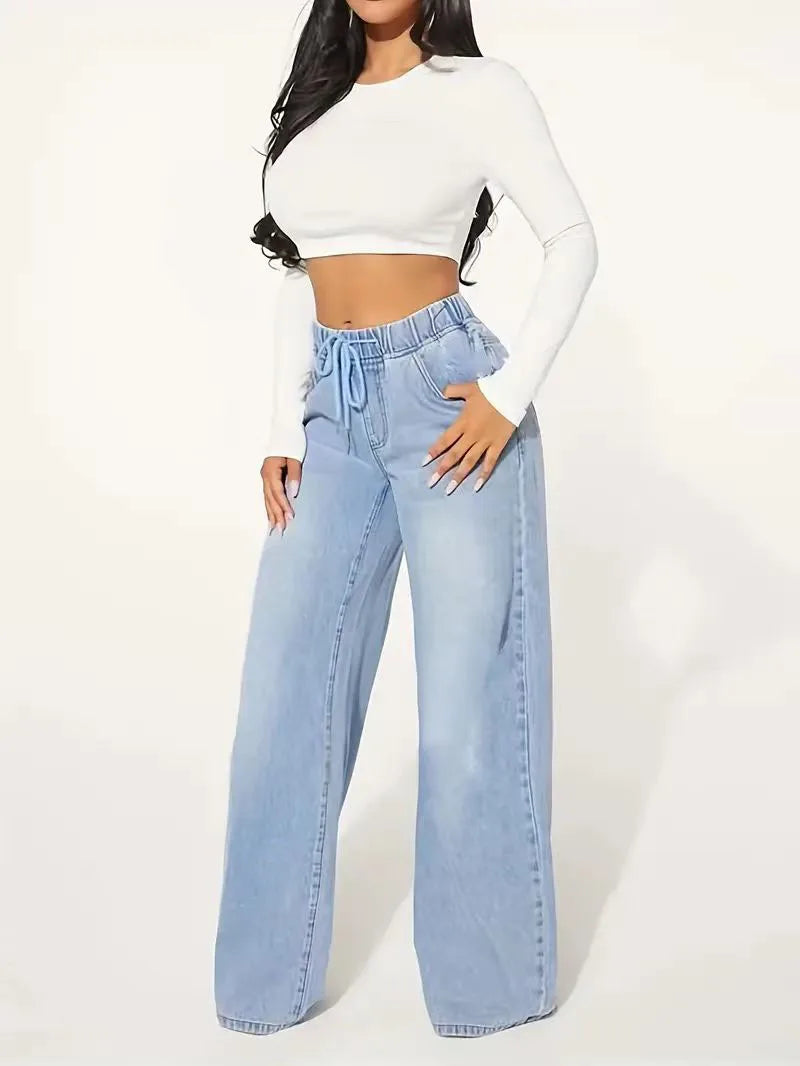 Women's high-waisted blue elastic waist pants, loose wide-leg comfortable straight-leg jeans