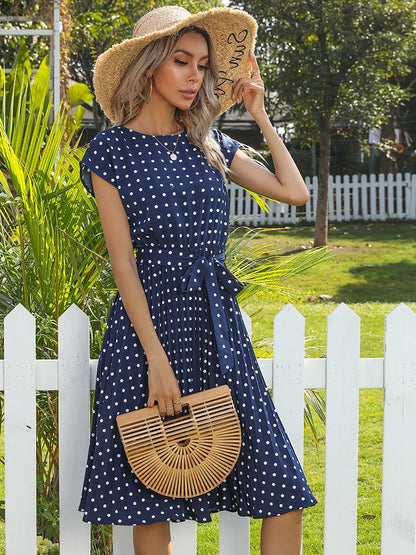 Women Short Sleeve Polka Dot Print Midi Dresses