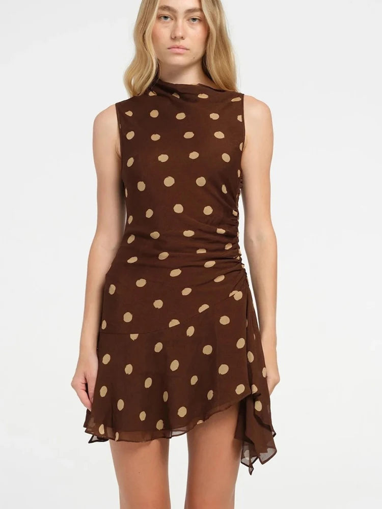 JULISSA MO Chiffon Print Polka Dot Ruched Women Dress Coffee Sleeveless High Waist Dress Spring Slim Elegant Party Club Outfits