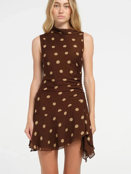 JULISSA MO Chiffon Print Polka Dot Ruched Women Dress Coffee Sleeveless High Waist Dress Spring Slim Elegant Party Club Outfits