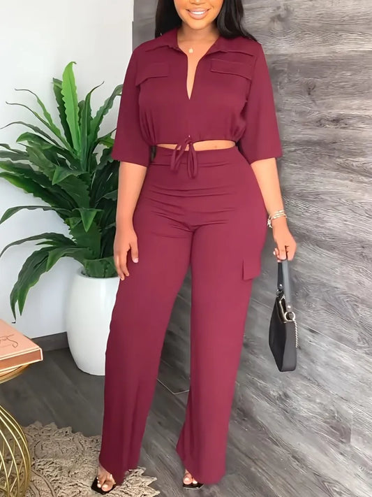 Elegant Office Women Two Piece  Short Shirt + Wide Leg Trousers Set