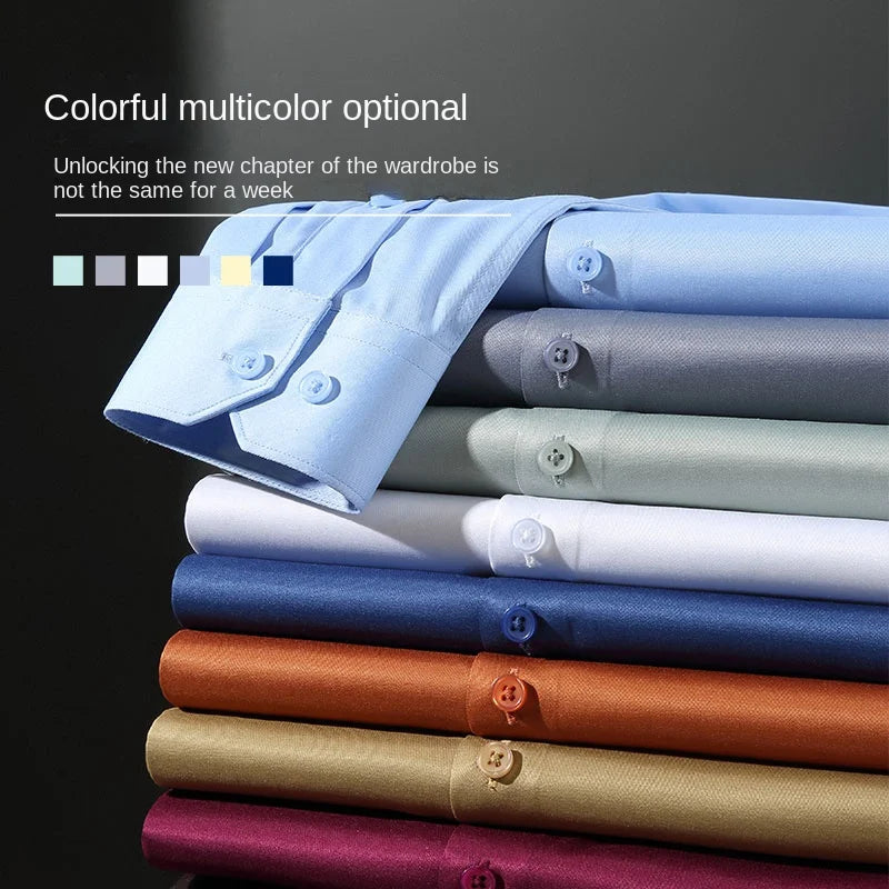 Long sleeved shirt for men's business casual orange non ironing wrinkle resistant elastic solid color men's shirt new style