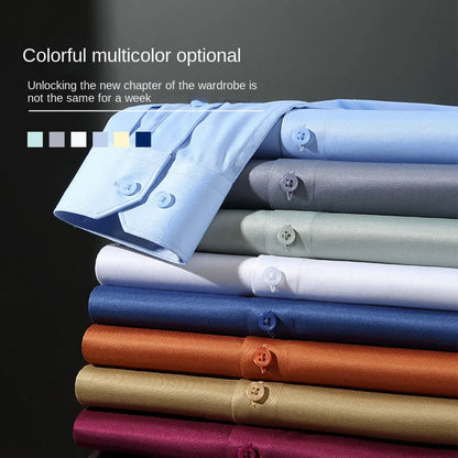 Long sleeved shirt for men's business casual orange non ironing wrinkle resistant elastic solid color men's shirt new style