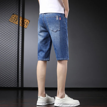 Summer Thin Slim Fit Stretch Short Jeans Classic Style Business Casual Light Blue Soft Straight-leg Denim Shorts Male