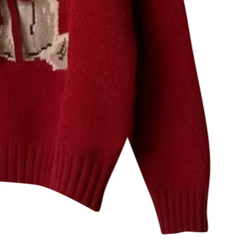 Christmas Sweet Style Knitting Long Sleeve Casual Pullovers 2025 Winter Women Lovely Jumpers Bow Round Neck Ladies Red Sweater