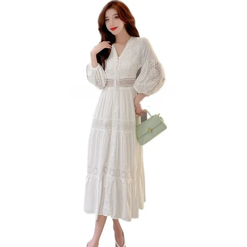 2025 Women's New Spring/Summer White Hollow Sweet Dress Fashion French Bubble Sleeve Knee length Skirt European and American