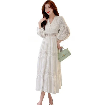 2025 Women's New Spring/Summer White Hollow Sweet Dress Fashion French Bubble Sleeve Knee length Skirt European and American