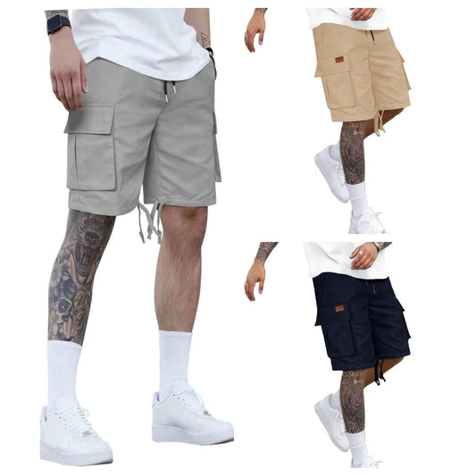 2025 Men's summer solid color casual elastic waist cargo shorts Loose multi-pocket fashion travel sports shorts