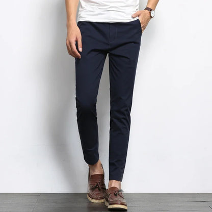 BROWON Summer Men Fashions Solid Color Casual Pants Men Straight Slight Elastic Ankle-Length High Quality Formal Trousers Men