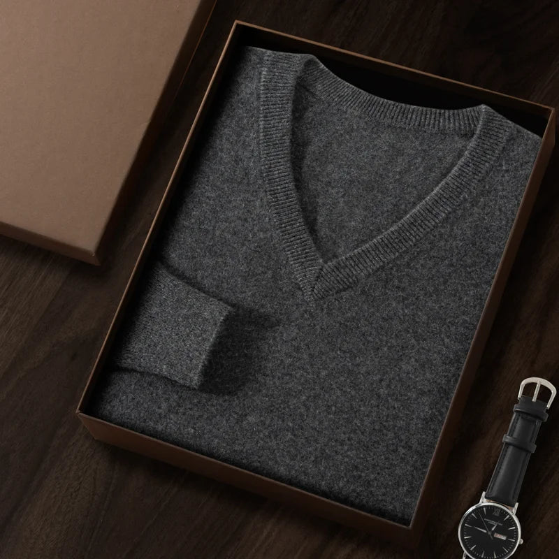 100% Cashmere Sweater 2023 Autumn Winter Classic V-neck Knitted Pullovers Men Business Casual Warm Jumper Jersey Pull Homme