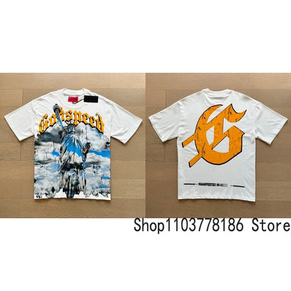 Classic White GOD SPEED T Shirts Letter Logo Seaside Holiday Scenery Print Godspeed Short Sleeve Unisex Tees Tops