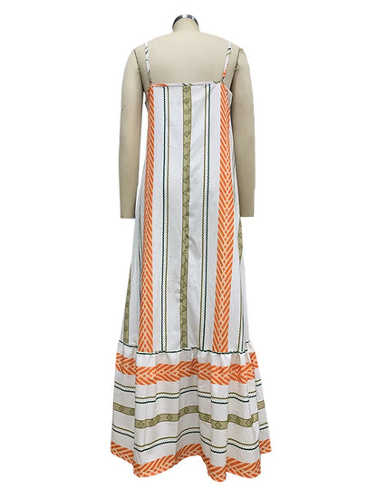 Striped Spaghetti Strape Dress Summer Casual Ladies Long Simple Backless Beach Sleeveless Party Dresses