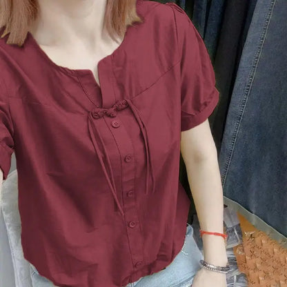 Summer New Cotton Chinese Style Drawstring Short Sleeved Shirt Women's Solid Round Neck Thin Button Waist Collection Loose Top