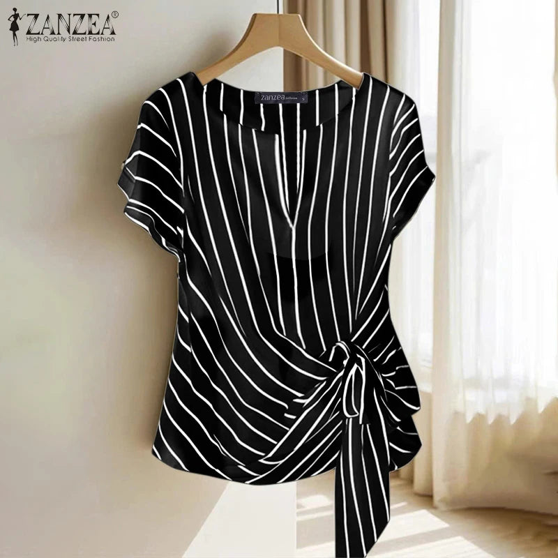 ZANZEA Women Fashion Tie-Front Striped Blouses 2025 Summer Stylish V-Neck Short Sleeve Tops Elegant Casual Commute Blusas Mujer