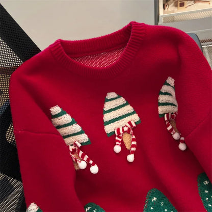 Women's Winter Round Neck Long Sleeve Casual Sweater Y2K High Street Hip Hop Christmas Tree 90S Retro Sweater Clothing 2025 New