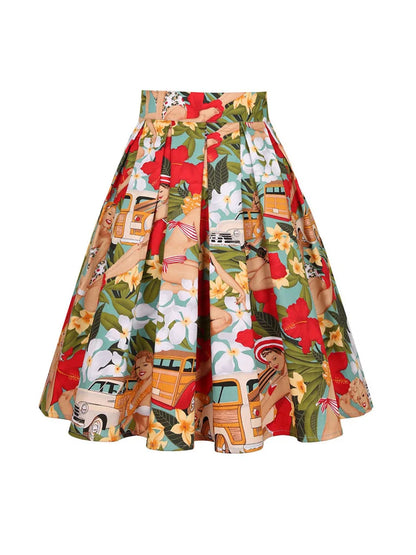 Summer French Style Women Short Vintage Pleated High Waist Floral Print Jupe Longo Elegant Ladies Office 50s Midi Tunic Skirts