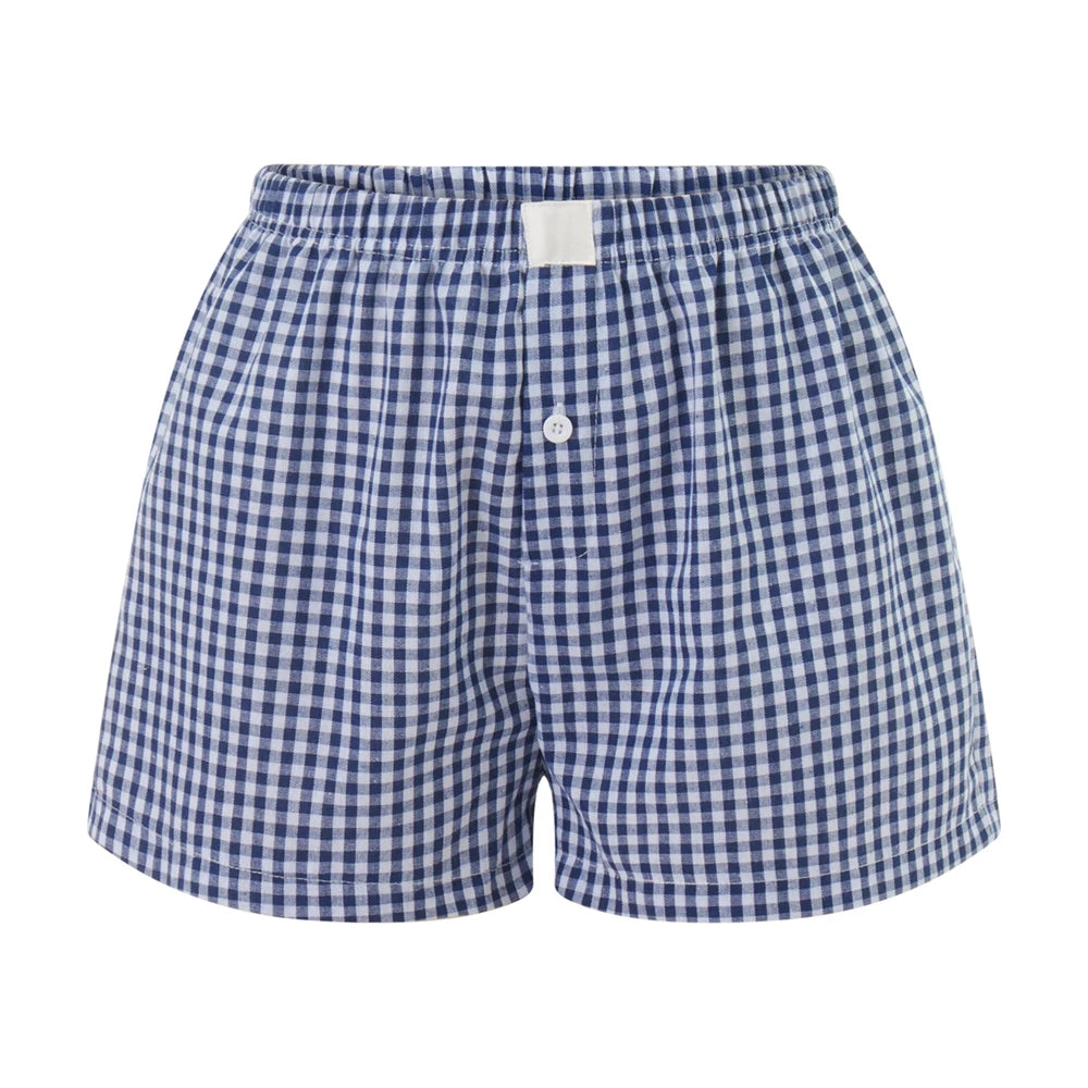 Women’s Y2K Retro Cleanfit Plaid Print Elastic Low Waist Button Front Aesthetic Loungewear Loose Shorts Boxers Streetwear