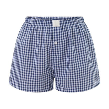 Women’s Y2K Retro Cleanfit Plaid Print Elastic Low Waist Button Front Aesthetic Loungewear Loose Shorts Boxers Streetwear