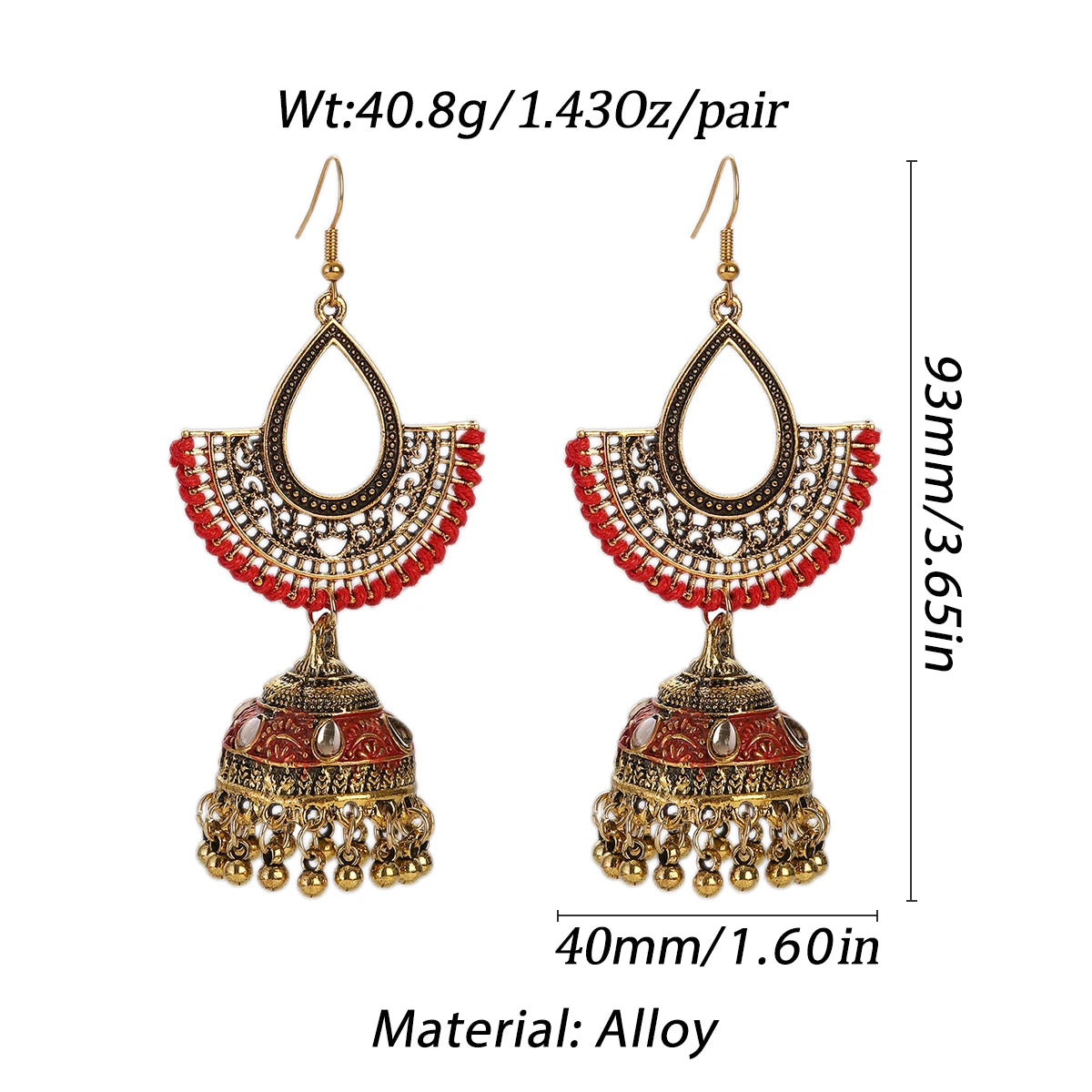 New Fashion Red Rope Water Drop Hollow Earrings Women's Ethnic Gold Plated Bell Tassel Crystal Earrings Gypsy Afghan Jewelry