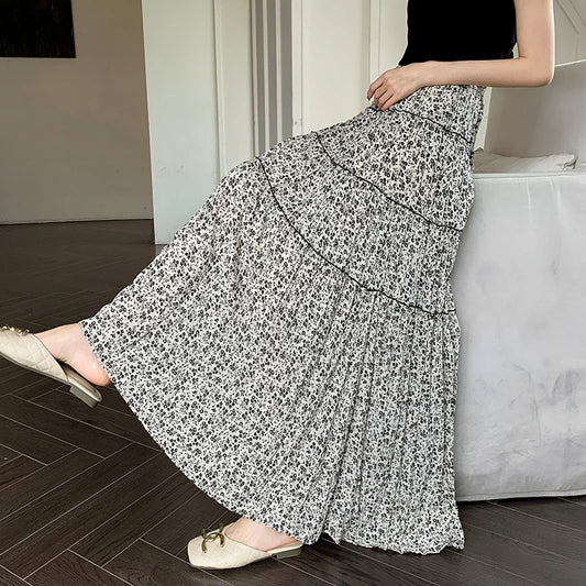 Korean Fashion Women Boho Floral Print Elastic High Waist Pleated A Line Maxi Skirts Summer Holiday Black Apricot Skirts Female