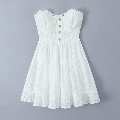Evening Party Embroideryed Dress Elegant Summer Solid Color White Lace dress Off Shoulder Short Dress Front Tie Back Shirred