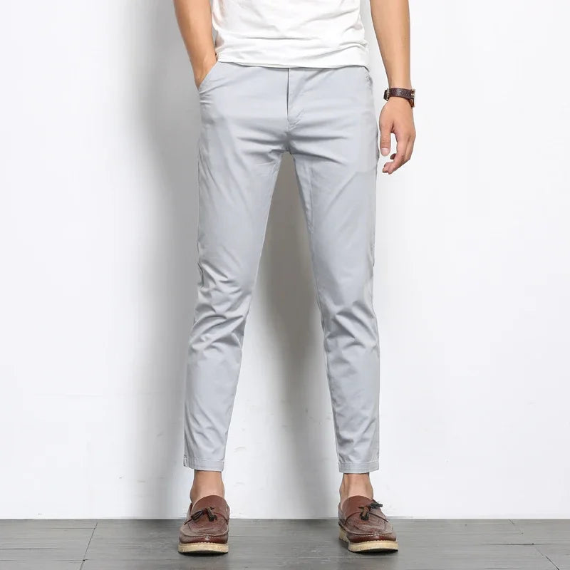 BROWON Summer Men Fashions Solid Color Casual Pants Men Straight Slight Elastic Ankle-Length High Quality Formal Trousers Men