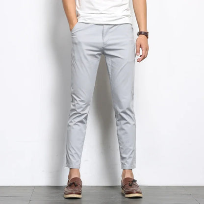 BROWON Summer Men Fashions Solid Color Casual Pants Men Straight Slight Elastic Ankle-Length High Quality Formal Trousers Men