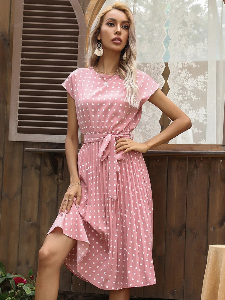 Women Short Sleeve Polka Dot Print Midi Dresses