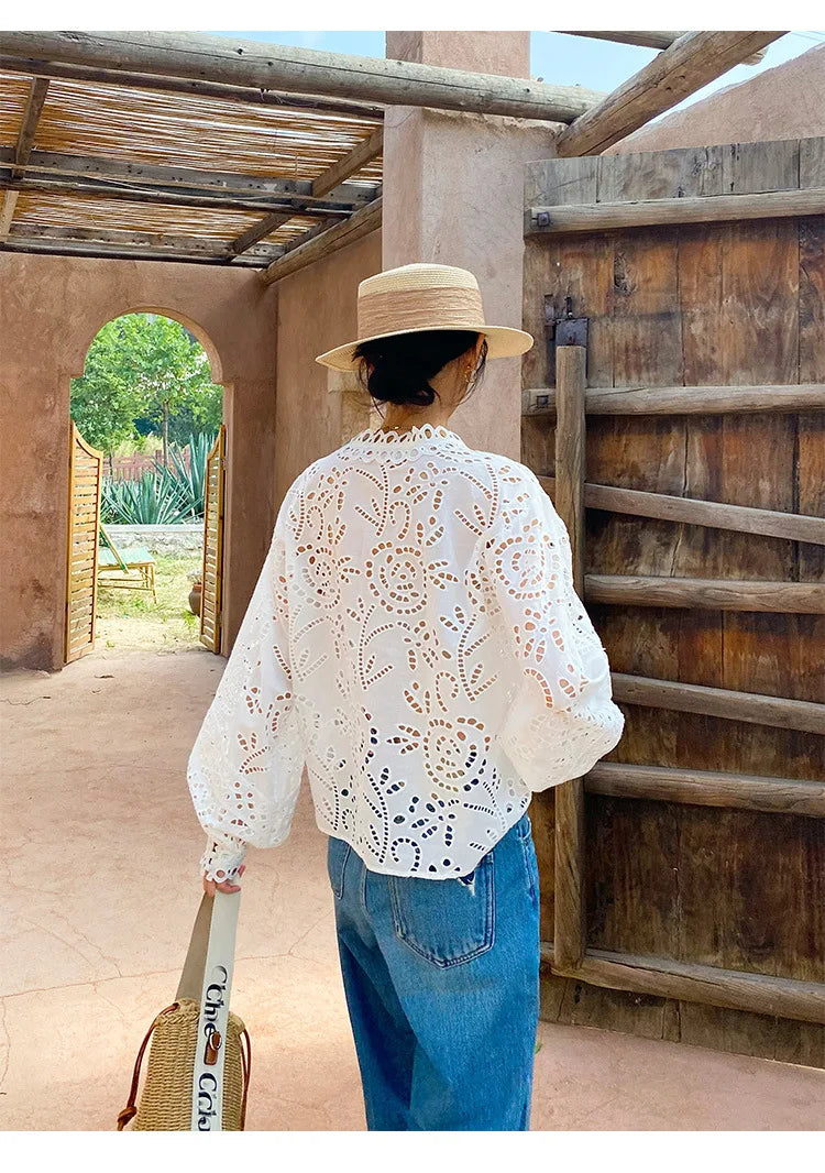 2025 Spring New Women's French White Shirt Splicing Lace Embroidery Design Ladies Shirt Long Sleeve Casual Holiday Beach Tops