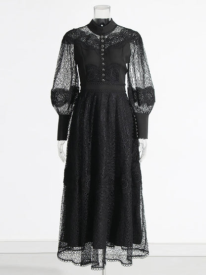 Hollow Out Patchwork Embroidery Stand Collar Lantern Sleeve High Waist Elegant Dresses For Women