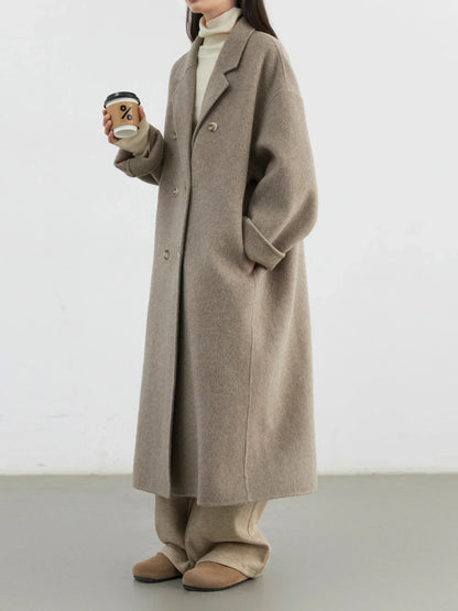 CHIC VEN Women Woolen Coat Double-breasted Basic Loose Casual Retro New Long Double-sided Female Overcoat Autumn Winter 2024