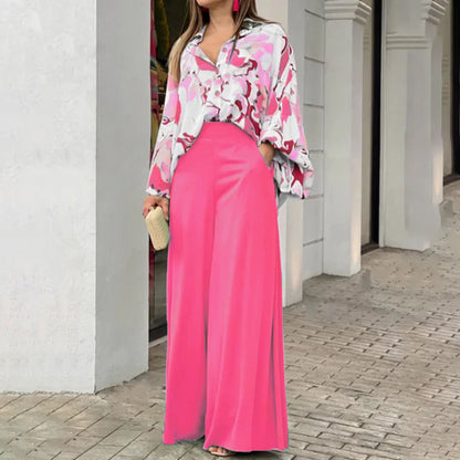 Spring Autumn Print Pant Sets Women Fashion Temperament Casual Loose Two Piece Set Flared Sleeve Shirts Wide Leg Pants Lady Suit