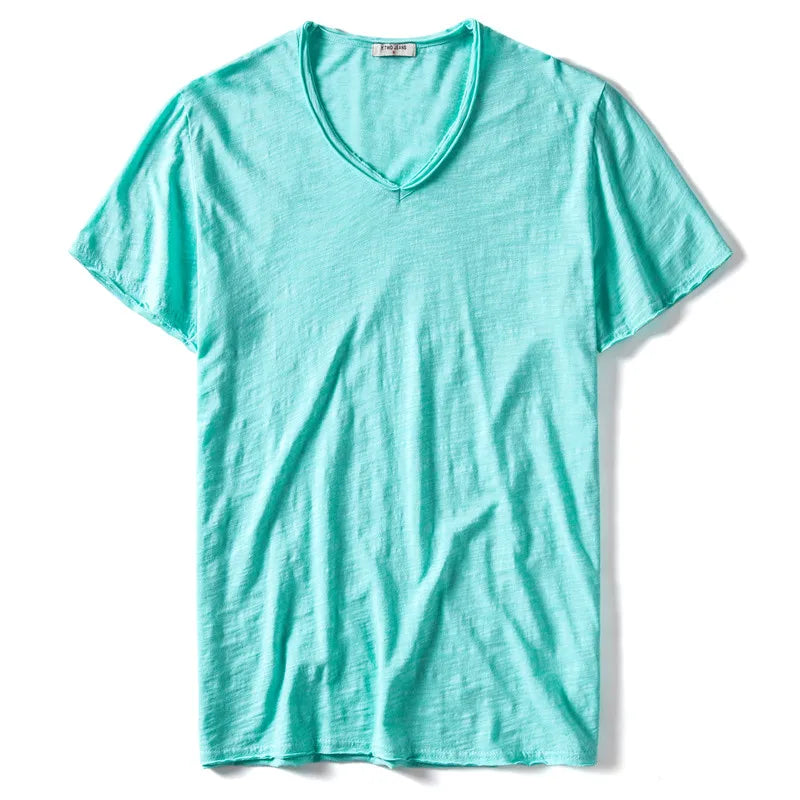 2021 New Summer V-neck T-shirt Men 100% Combed Cotton Solid Short Sleeve T Shirt Men Fitness Undershirt Male Tops Tees