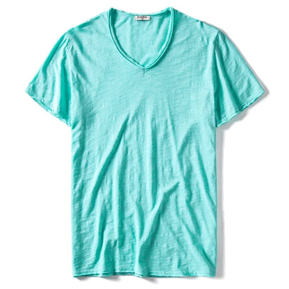 2021 New Summer V-neck T-shirt Men 100% Combed Cotton Solid Short Sleeve T Shirt Men Fitness Undershirt Male Tops Tees