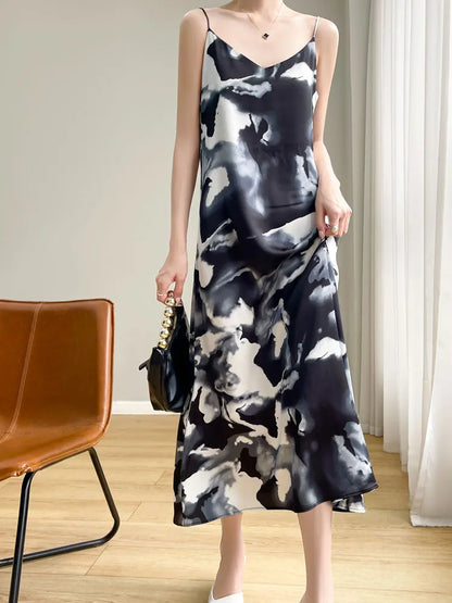 2024 Spring and Summer New Women's Dress Colorful Flower Suspender Skirt Satin Silky Dress Cool and Comfortable
