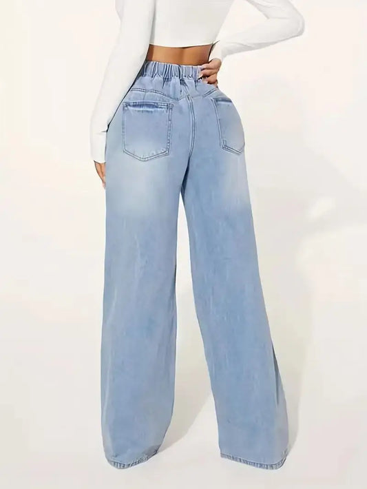 Women's high-waisted blue elastic waist pants, loose wide-leg comfortable straight-leg jeans