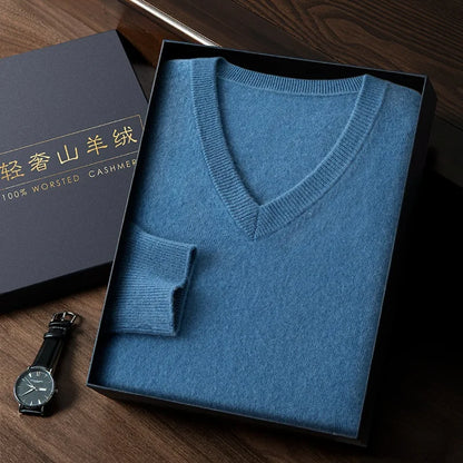 100% Cashmere Sweater 2023 Autumn Winter Classic V-neck Knitted Pullovers Men Business Casual Warm Jumper Jersey Pull Homme