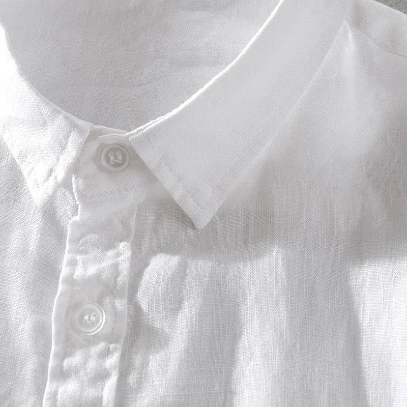 2025 Pure Linen Short Sleeved Shirt Men's Linen White Shirt Cotton Linen Men's Upper Garment Men's Casual Summer Half Sleeved