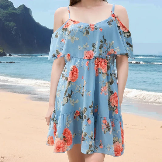Printed Off Shoulder Beach Dress Women Ruffle Strap Vacation Summer Dress 2024 Woman Backless Floral Short Dresses Graduation