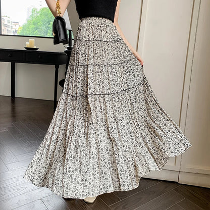 Korean Fashion Women Boho Floral Print Elastic High Waist Pleated A Line Maxi Skirts Summer Holiday Black Apricot Skirts Female