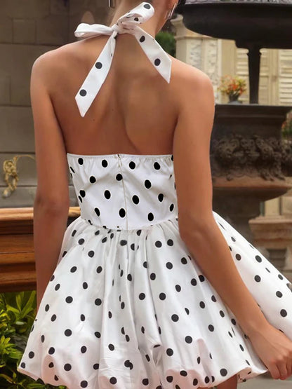 TARUXY Polka Dot Vacation Mini Dress For Women  High Waist A-line Ball Gown Dress Sleeveless Halter Neck Female Summer Fashion